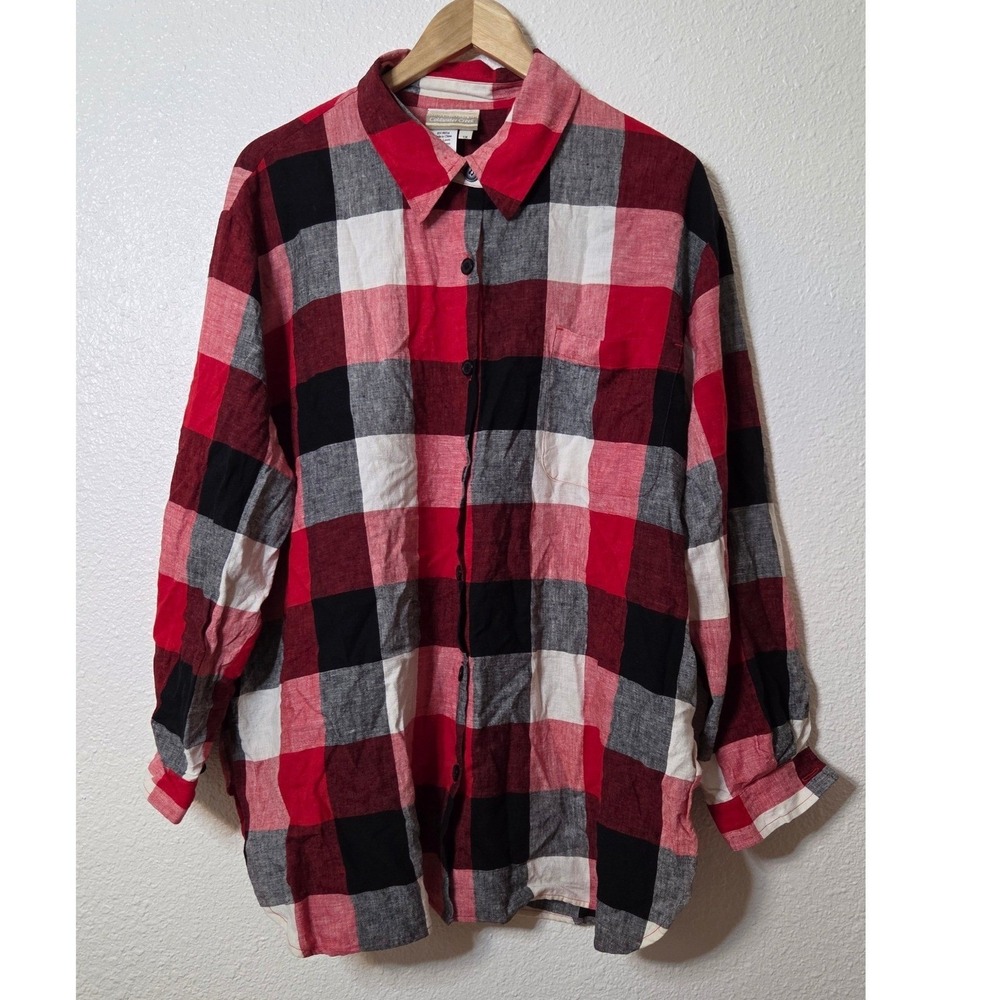 Linen Blend Plaid Shirt 1X Oversized 90s Grunge Coastal Boyfriend Button Down